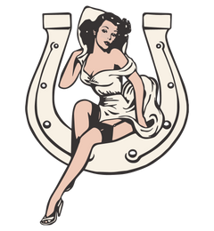 Pin Up Illustration of a woman sitting on a horseshoe with a white background