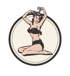 LUCKY BASTARD DISTILLERS Pin up Illustration of a woman in a black bikini sitting with her hands above her head on a beige background.