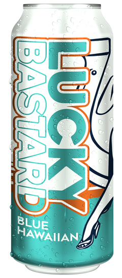 Can of Lucky Bastard Blue Hawaiian made with Coconut lime Premium Vodka with a vintage pin up style girl woman on the label Made in Saskatchewan Canada 4.3% Alcohol
