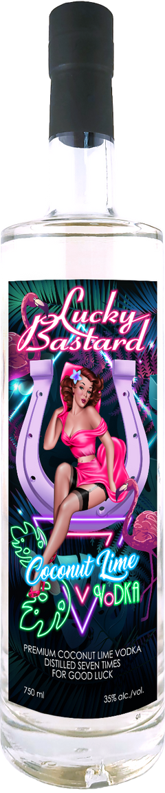 Bottle of Lucky Bastard Coconut Lime Premium Vodka with a vintage pin up style girl woman on the label 750 ml Made in Saskatchewan Canada 35% Alcohol