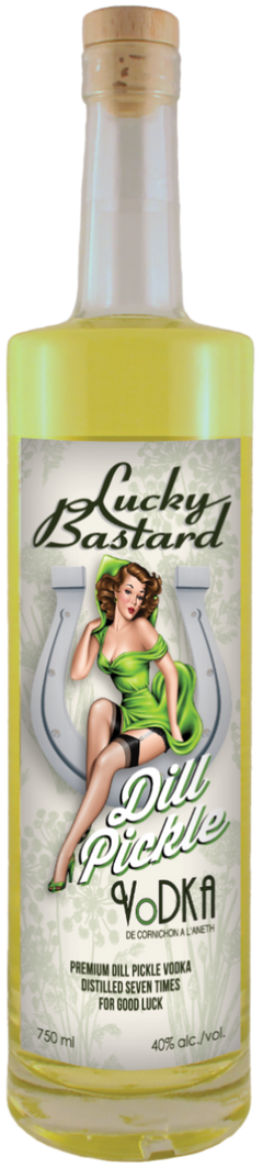 Bottle of Lucky Bastard Dill Pickle Premium Vodka with a vintage pin up style girl woman on the label 750 ml Made in Saskatchewan Canada 40% Alcohol