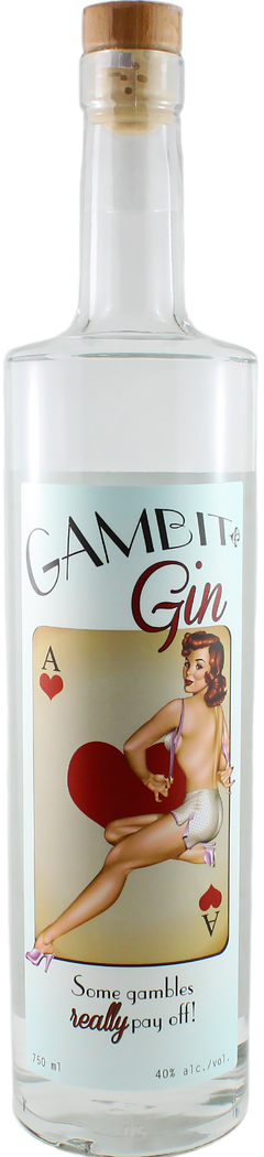 Bottle of Lucky Bastard Gambit Gin with a vintage pin up style girl woman on the label 750 ml Made in Saskatchewan Canada 40% Alcohol