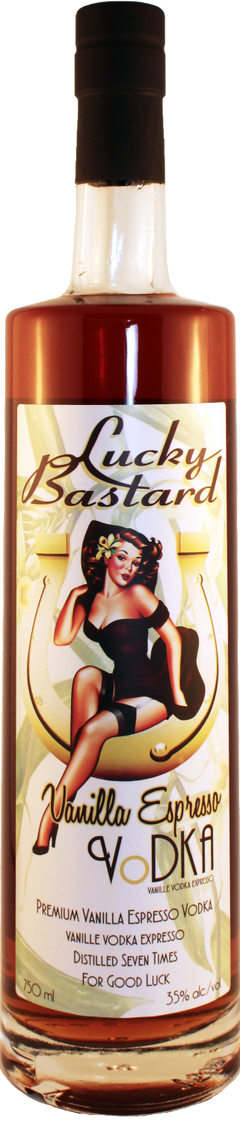 Bottle of Lucky Bastard Vanilla Espresso Premium Vodka with a vintage pin up style girl woman on the label 750 ml Made in Saskatchewan Canada 35% Alcohol