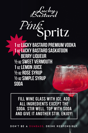 Recipe card for Lucky Bastard Pink Spritz cocktail with a red drink illustration on a black background.