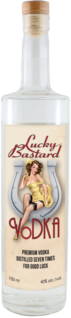 Bottle of Lucky Bastard Premium Vodka with a vintage pin up style girl woman on the label 750 ml Made in Saskatchewan Canada 40% Alcohol